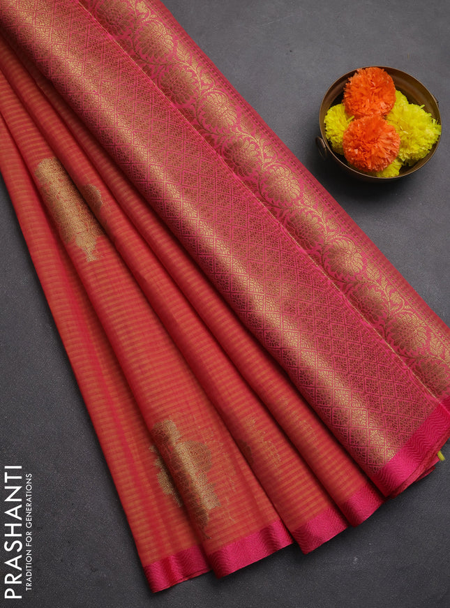 Banarasi semi dupion saree dual shade of pinkish yellow and pink with allover woven buttas and thread woven border
