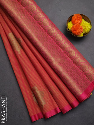 Banarasi semi dupion saree dual shade of pinkish yellow and pink with allover woven buttas and thread woven border