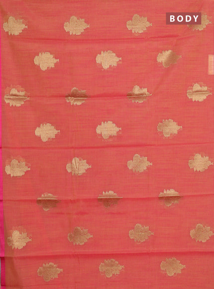 Banarasi semi dupion saree dual shade of pinkish yellow and pink with allover woven buttas and thread woven border