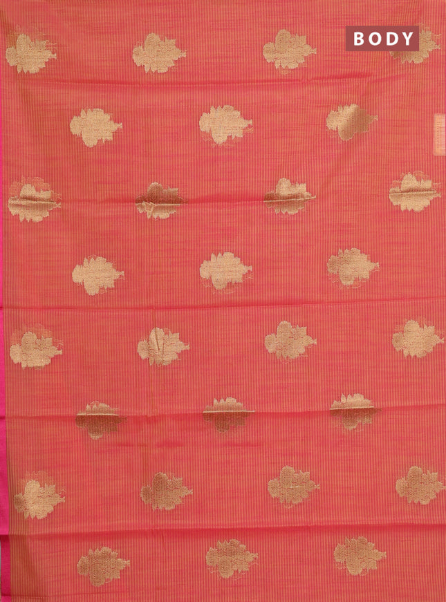 Banarasi semi dupion saree dual shade of pinkish yellow and pink with allover woven buttas and thread woven border