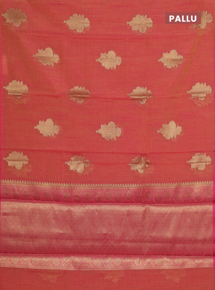 Banarasi semi dupion saree dual shade of pinkish yellow and pink with allover woven buttas and thread woven border
