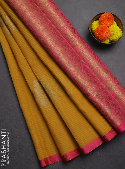 Banarasi semi dupion saree mustard yellow and pink with allover woven buttas and thread woven border