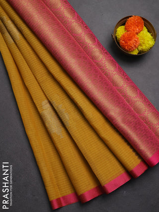 Banarasi semi dupion saree mustard yellow and pink with allover woven buttas and thread woven border