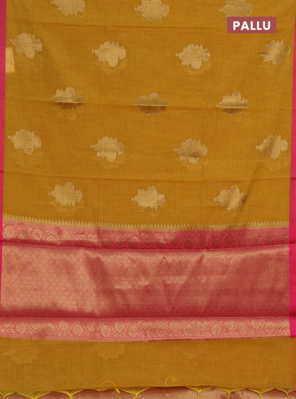 Banarasi semi dupion saree mustard yellow and pink with allover woven buttas and thread woven border