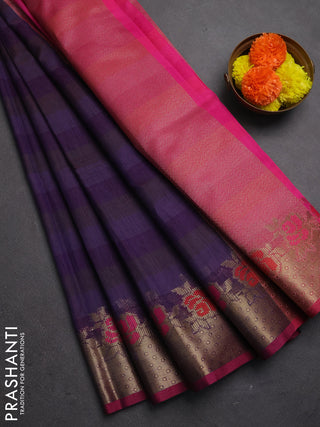 Banarasi semi dupion saree violet and magenta pink with stripes pattern and floral design zari woven border