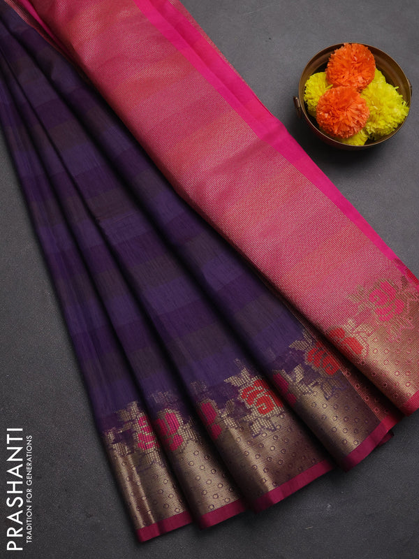 Banarasi semi dupion saree violet and magenta pink with stripes pattern and floral design zari woven border