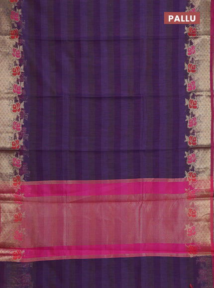 Banarasi semi dupion saree violet and magenta pink with stripes pattern and floral design zari woven border