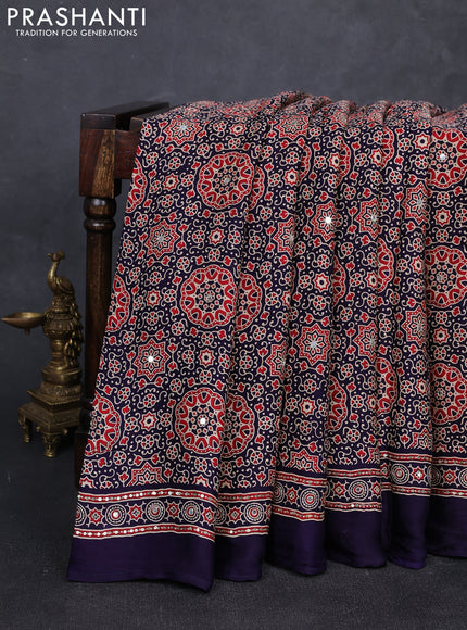 Modal silk saree navy blue with allover ajrakh prints and mirror & sequin embroidery pallu
