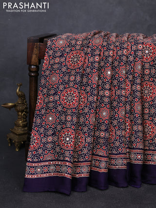 Modal silk saree navy blue with allover ajrakh prints and mirror & sequin embroidery pallu
