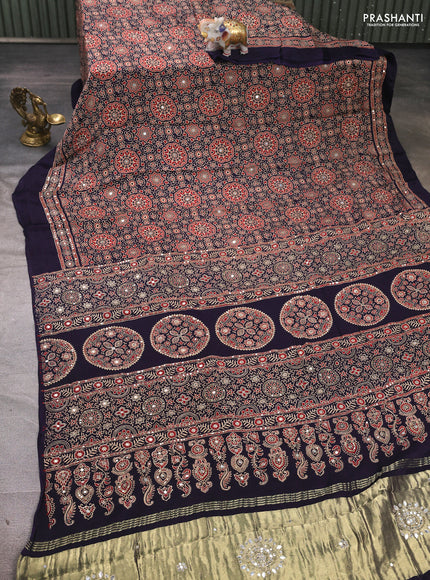 Modal silk saree navy blue with allover ajrakh prints and mirror & sequin embroidery pallu
