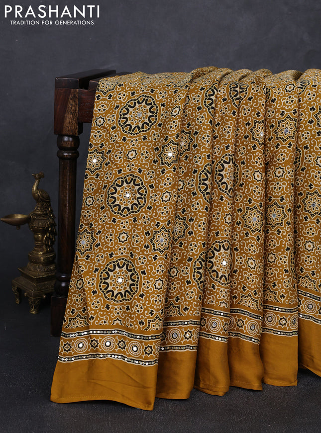 Modal silk saree mustard yellow with allover ajrakh prints and mirror & sequin embroidery pallu
