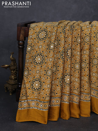 Modal silk saree mustard yellow with allover ajrakh prints and mirror & sequin embroidery pallu