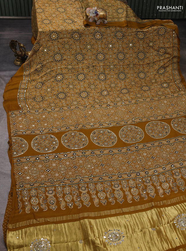 Modal silk saree mustard yellow with allover ajrakh prints and mirror & sequin embroidery pallu