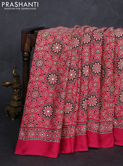 Modal silk saree pink with allover ajrakh prints and mirror & sequin embroidery pallu