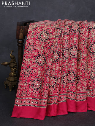 Modal silk saree pink with allover ajrakh prints and mirror & sequin embroidery pallu