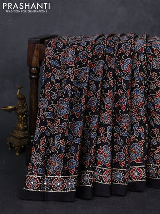 Modal silk saree black with allover ajrakh prints and mirror & sequin embroidery pallu