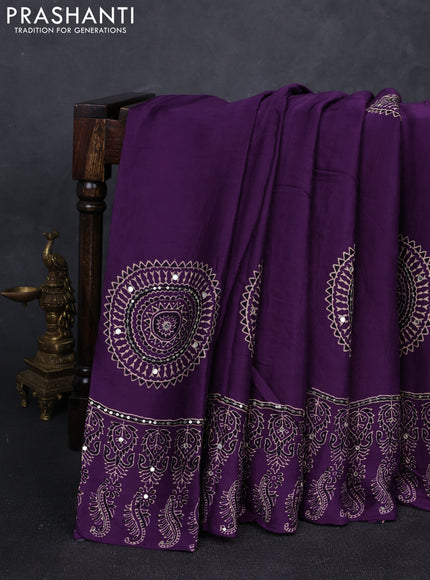 Modal silk saree purple with ajrakh butta prints and mirror & sequin embroidery pallu