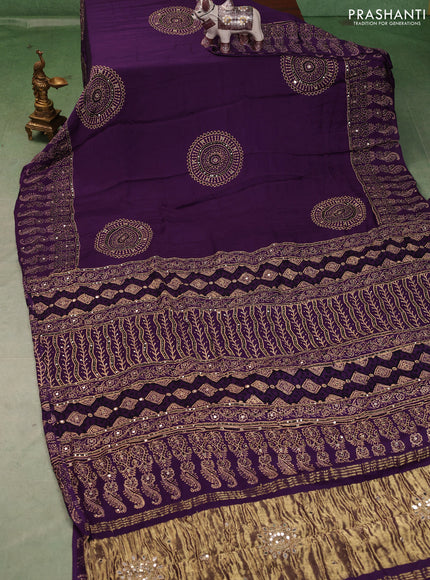 Modal silk saree purple with ajrakh butta prints and mirror & sequin embroidery pallu
