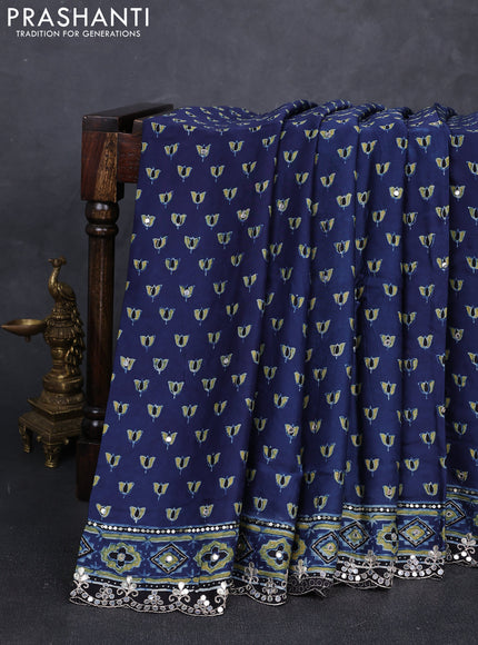 Modal silk saree indigo blue and black with allover ajrakh prints and mirror & sequin embroidery pallu