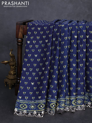 Modal silk saree indigo blue and black with allover ajrakh prints and mirror & sequin embroidery pallu