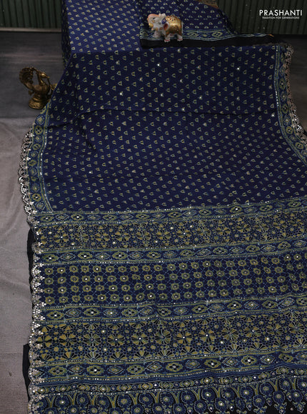 Modal silk saree indigo blue and black with allover ajrakh prints and mirror & sequin embroidery pallu