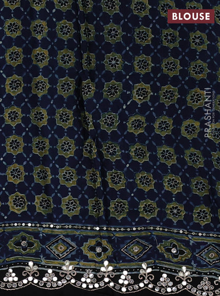Modal silk saree indigo blue and black with allover ajrakh prints and mirror & sequin embroidery pallu
