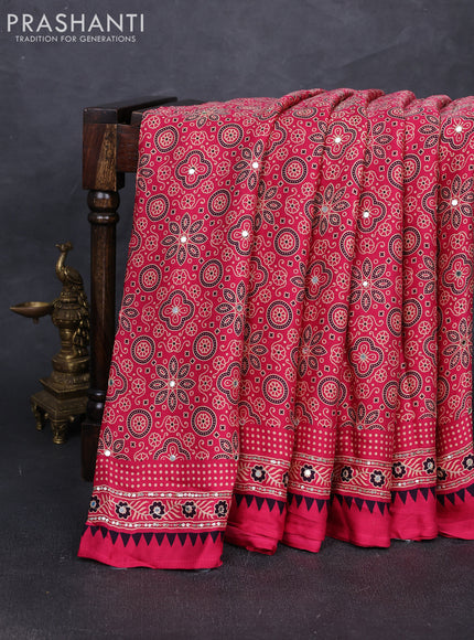 Modal silk saree pink with allover ajrakh prints and mirror & sequin embroidery pallu