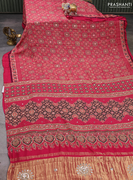 Modal silk saree pink with allover ajrakh prints and mirror & sequin embroidery pallu