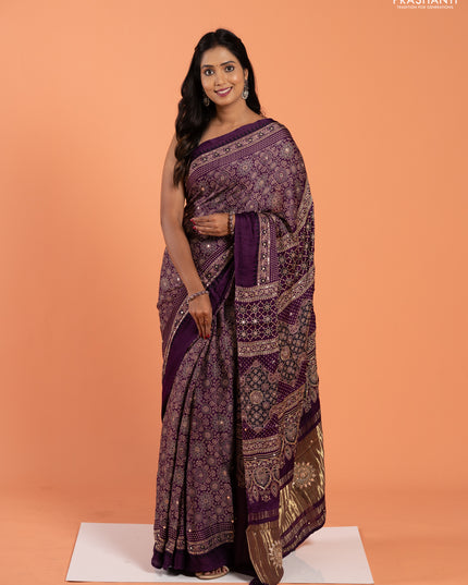 Modal silk saree purple with allover ajrakh prints and mirror & sequin embroidery pallu