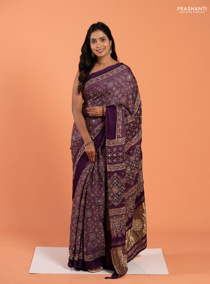 Modal silk saree purple with allover ajrakh prints and mirror & sequin embroidery pallu