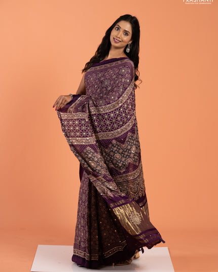 Modal silk saree purple with allover ajrakh prints and mirror & sequin embroidery pallu