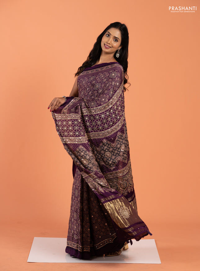 Modal silk saree purple with allover ajrakh prints and mirror & sequin embroidery pallu
