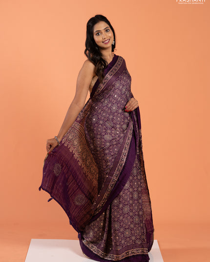 Modal silk saree purple with allover ajrakh prints and mirror & sequin embroidery pallu