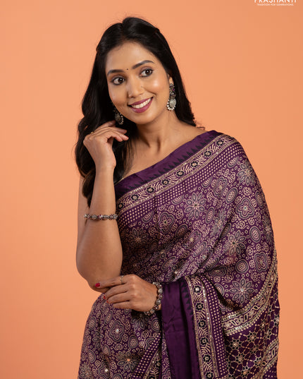 Modal silk saree purple with allover ajrakh prints and mirror & sequin embroidery pallu