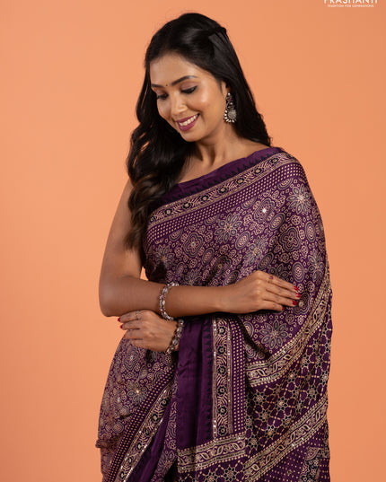 Modal silk saree purple with allover ajrakh prints and mirror & sequin embroidery pallu