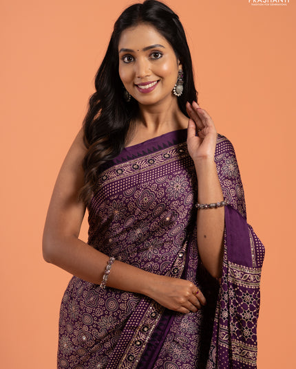 Modal silk saree purple with allover ajrakh prints and mirror & sequin embroidery pallu
