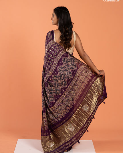 Modal silk saree purple with allover ajrakh prints and mirror & sequin embroidery pallu