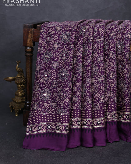 Modal silk saree purple with allover ajrakh prints and mirror & sequin embroidery pallu