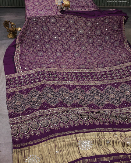Modal silk saree purple with allover ajrakh prints and mirror & sequin embroidery pallu