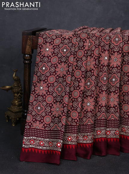Modal silk saree deep maroon with allover ajrakh prints and mirror & sequin embroidery pallu