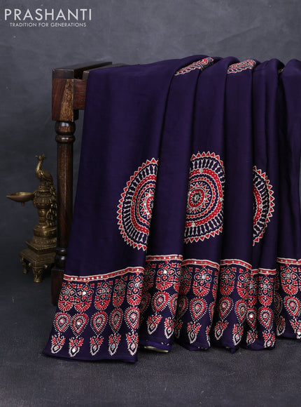 Modal silk saree navy blue and red with ajrakh butta prints and mirror & sequin embroidery pallu