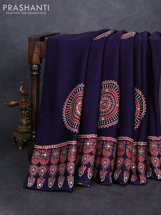 Modal silk saree navy blue and red with ajrakh butta prints and mirror & sequin embroidery pallu