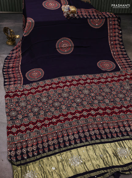 Modal silk saree navy blue and red with ajrakh butta prints and mirror & sequin embroidery pallu