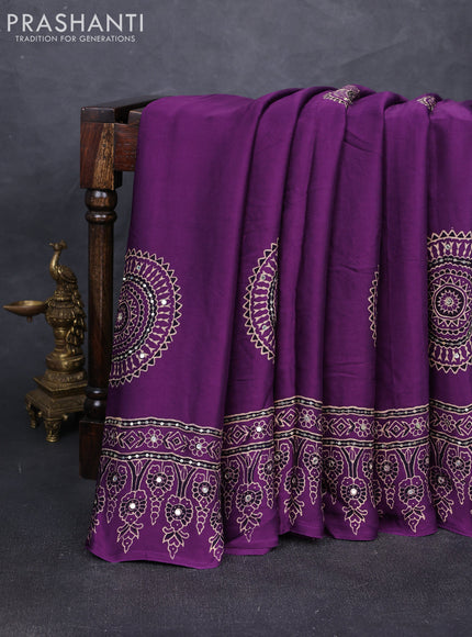 Modal silk saree purple with ajrakh butta prints and mirror & sequin embroidery pallu