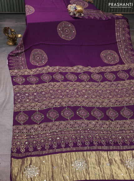 Modal silk saree purple with ajrakh butta prints and mirror & sequin embroidery pallu