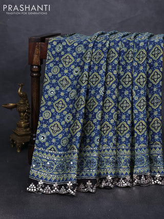 Modal silk saree indigo blue and black with allover ajrakh prints and mirror & sequin embroidery pallu