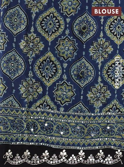 Modal silk saree indigo blue and black with allover ajrakh prints and mirror & sequin embroidery pallu
