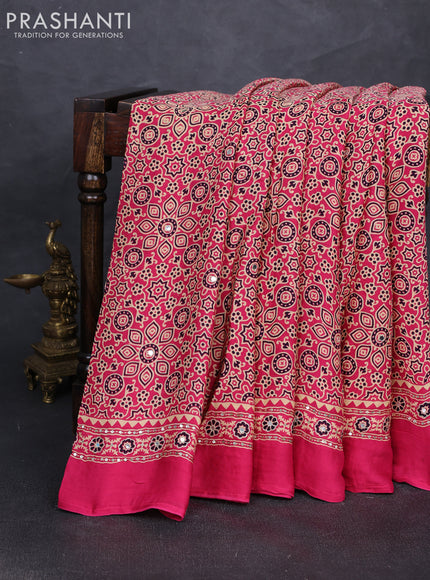 Modal silk saree pink with allover ajrakh prints and mirror & sequin embroidery pallu