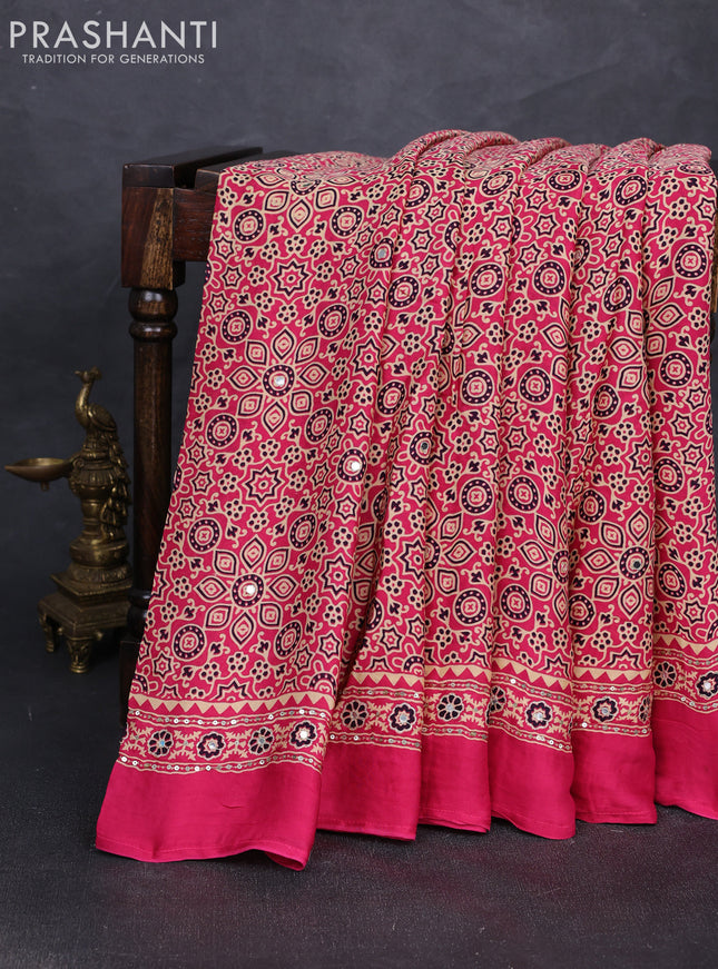 Modal silk saree pink with allover ajrakh prints and mirror & sequin embroidery pallu