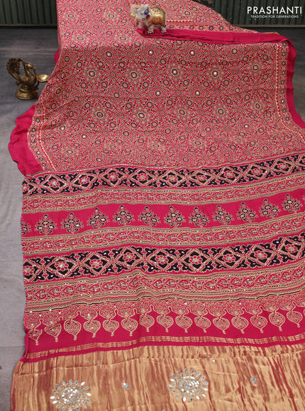 Modal silk saree pink with allover ajrakh prints and mirror & sequin embroidery pallu
